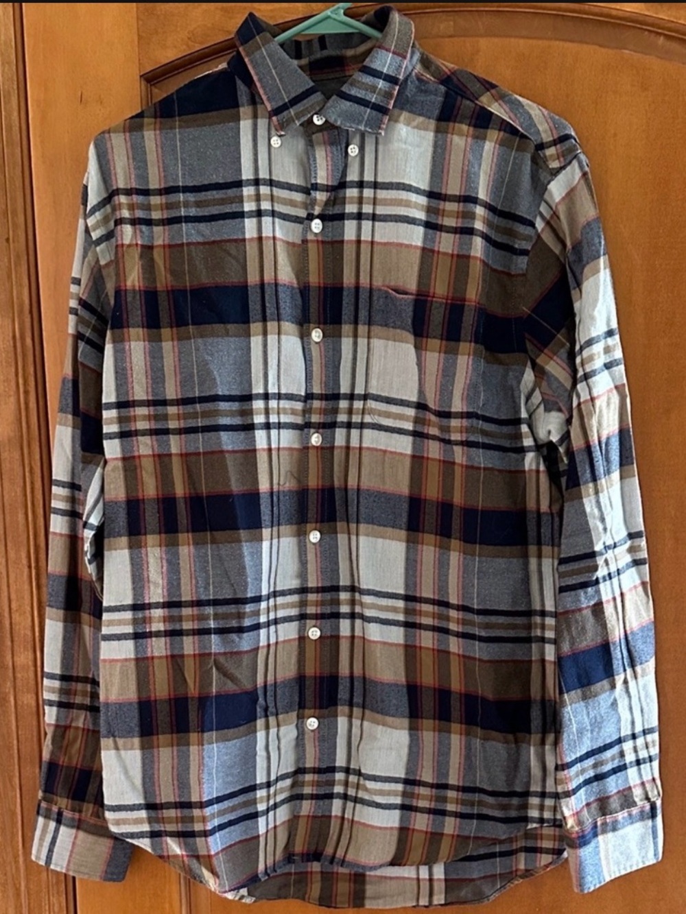 Van Heusen Flex Plaid Button Down Shirt Medium Brown Gray Gold